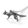 Close-up of oxidised sterling silver fox pendant showing sculpted fur detail