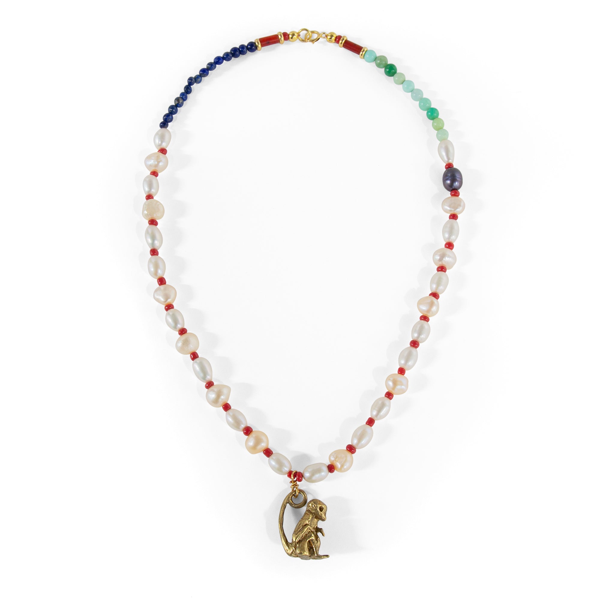 Lapis, pearl & chrysoprase brass monkey necklace