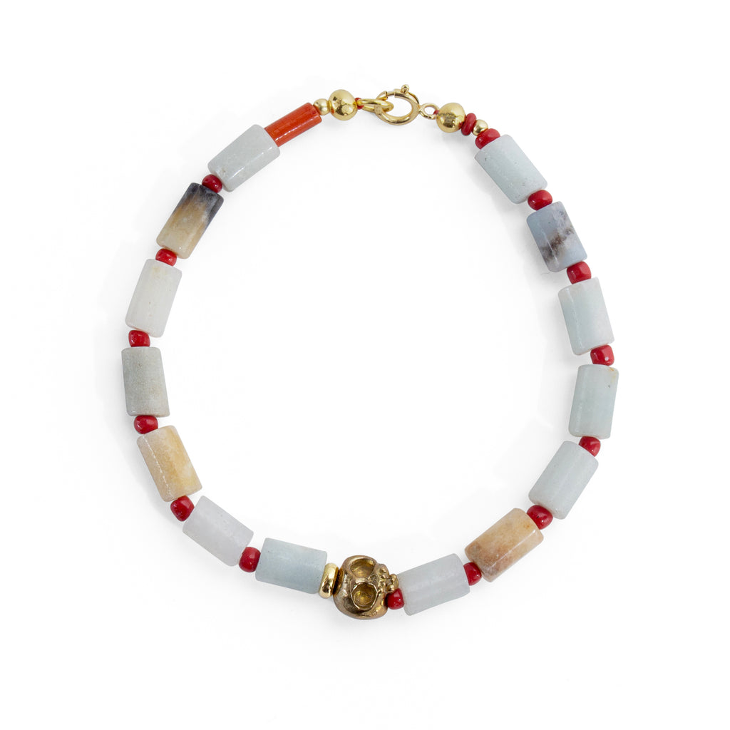 Amazonite and brass skull beaded bracelet