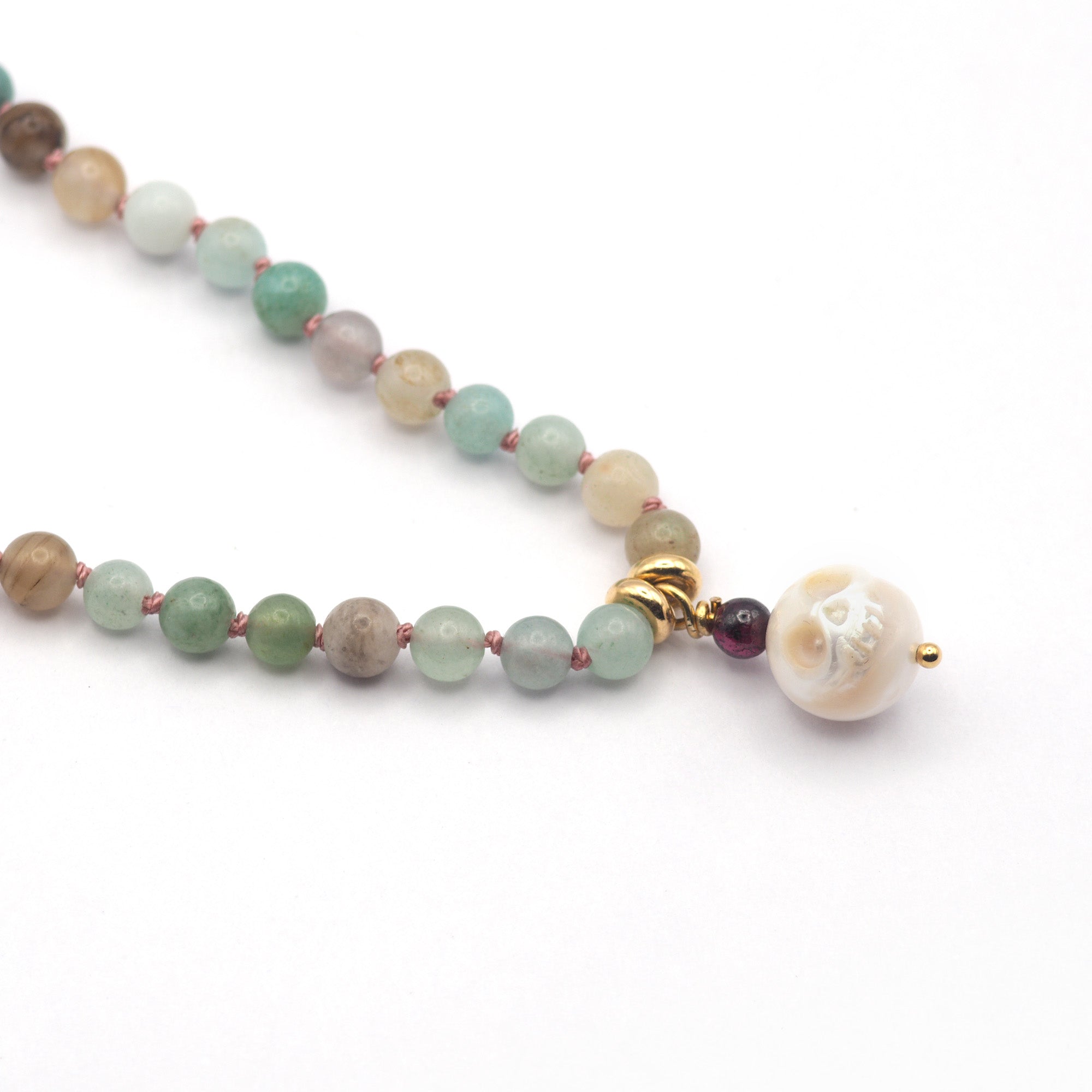 Knotted Amazonite necklace with pearl skull