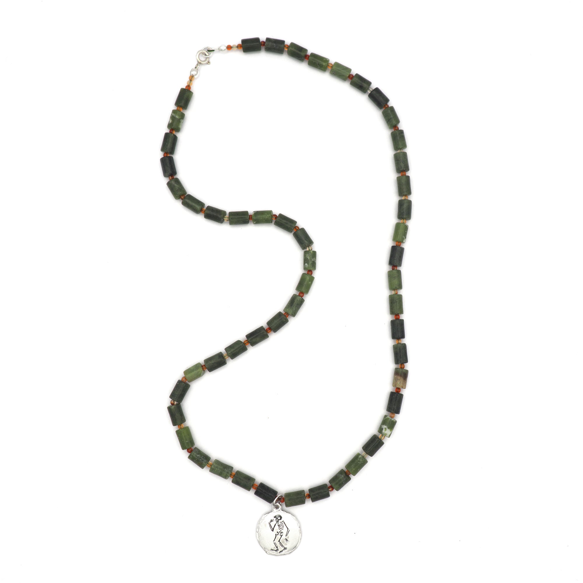Jade & Carnelian necklace with Sterling skeleton coin