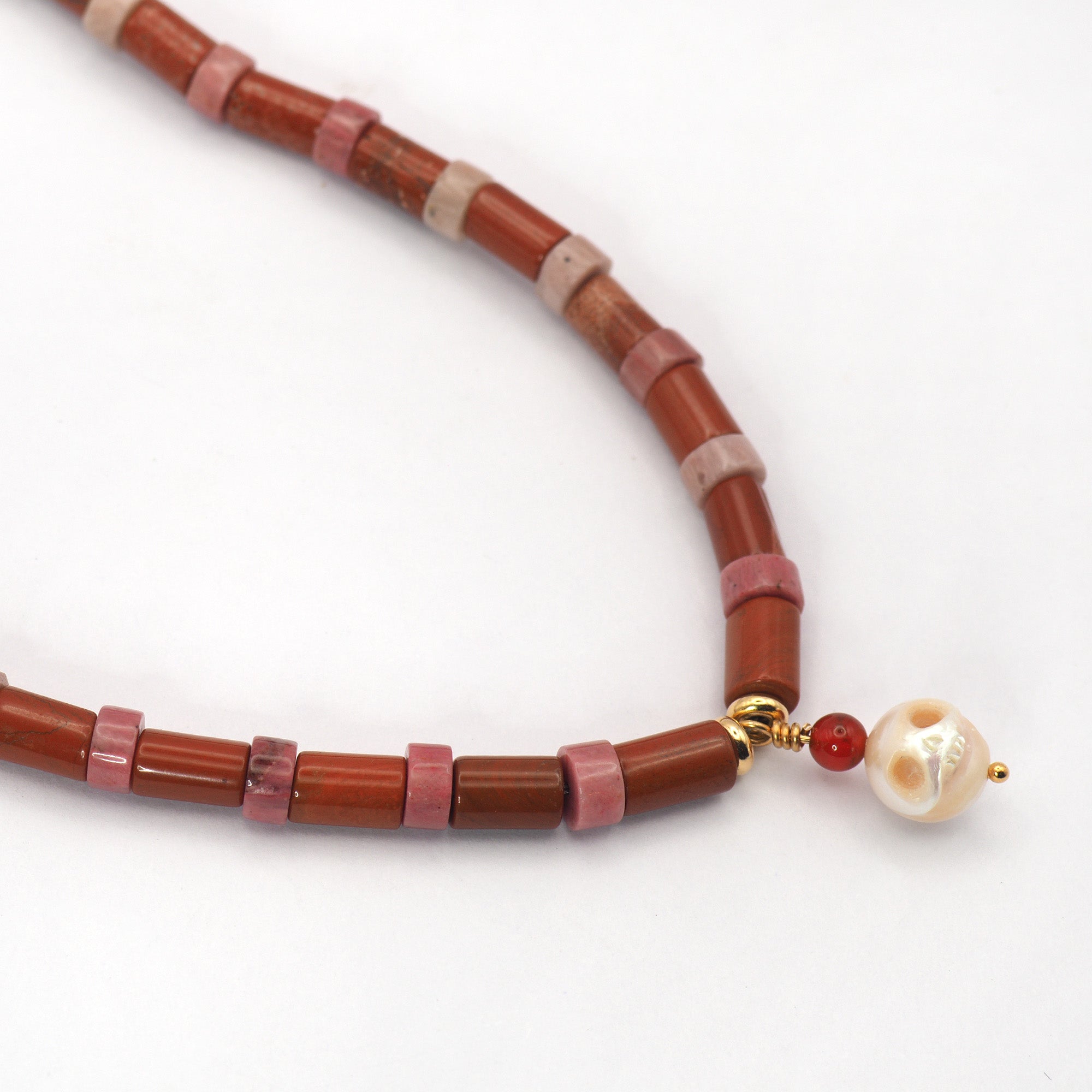 Red Jasper + Pink aventurine necklace with a skull pearl