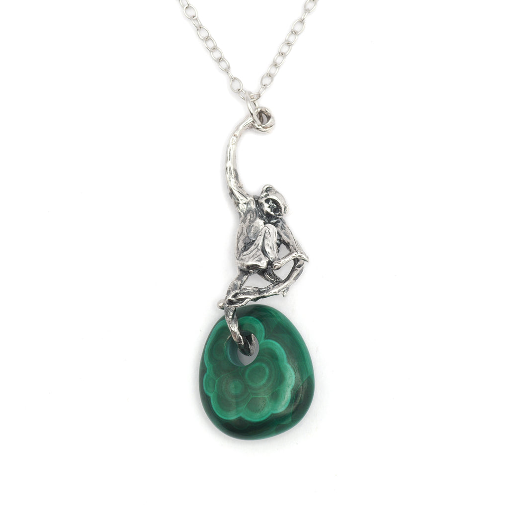Monkey and Malachite sterling silver necklace