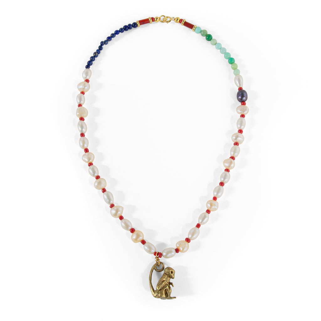 Lapis, pearl & chrysoprase brass monkey necklace
