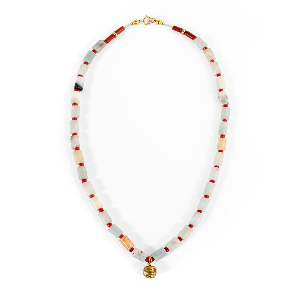 Amazonite and brass skull beaded necklace