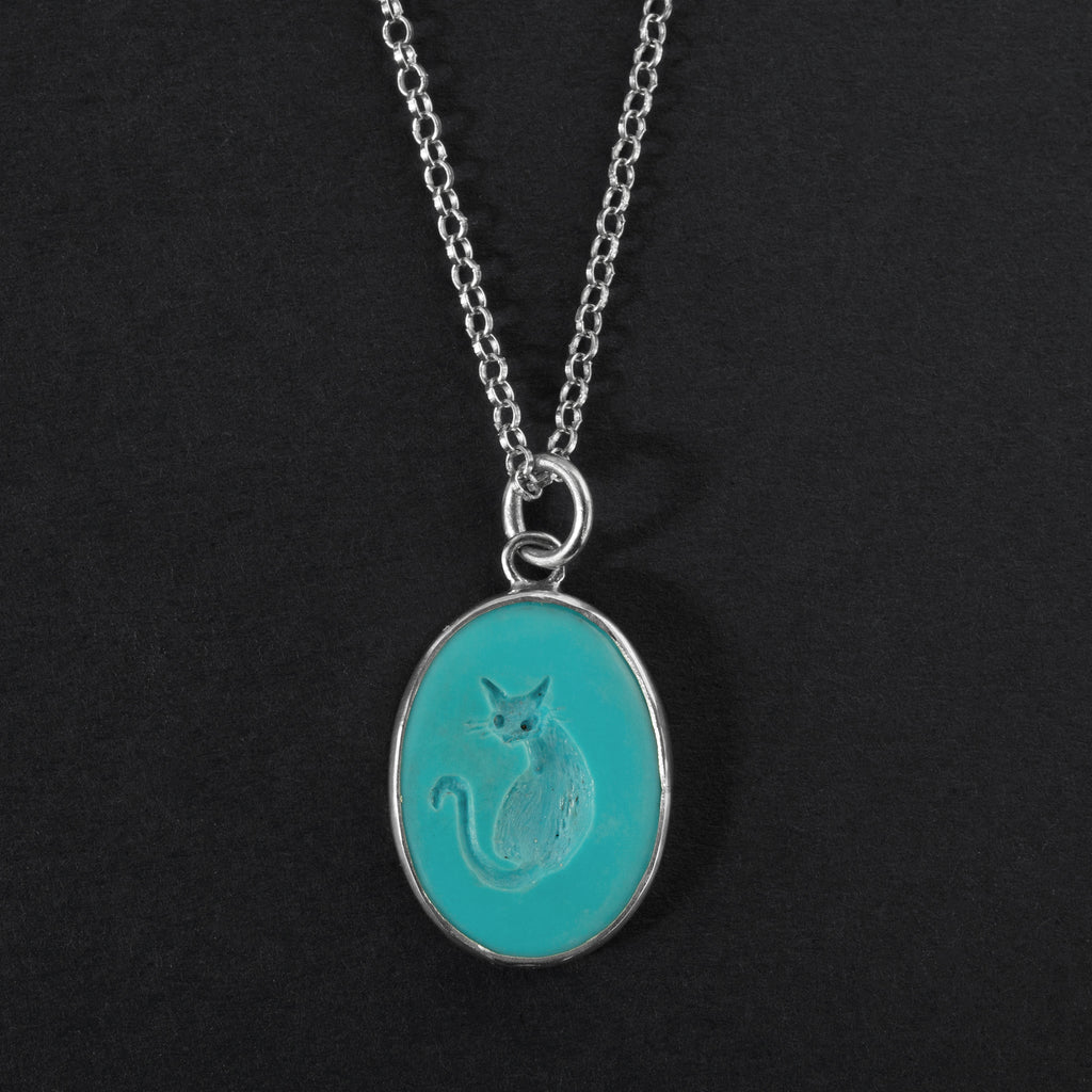 Turquoise cat intaglio necklace