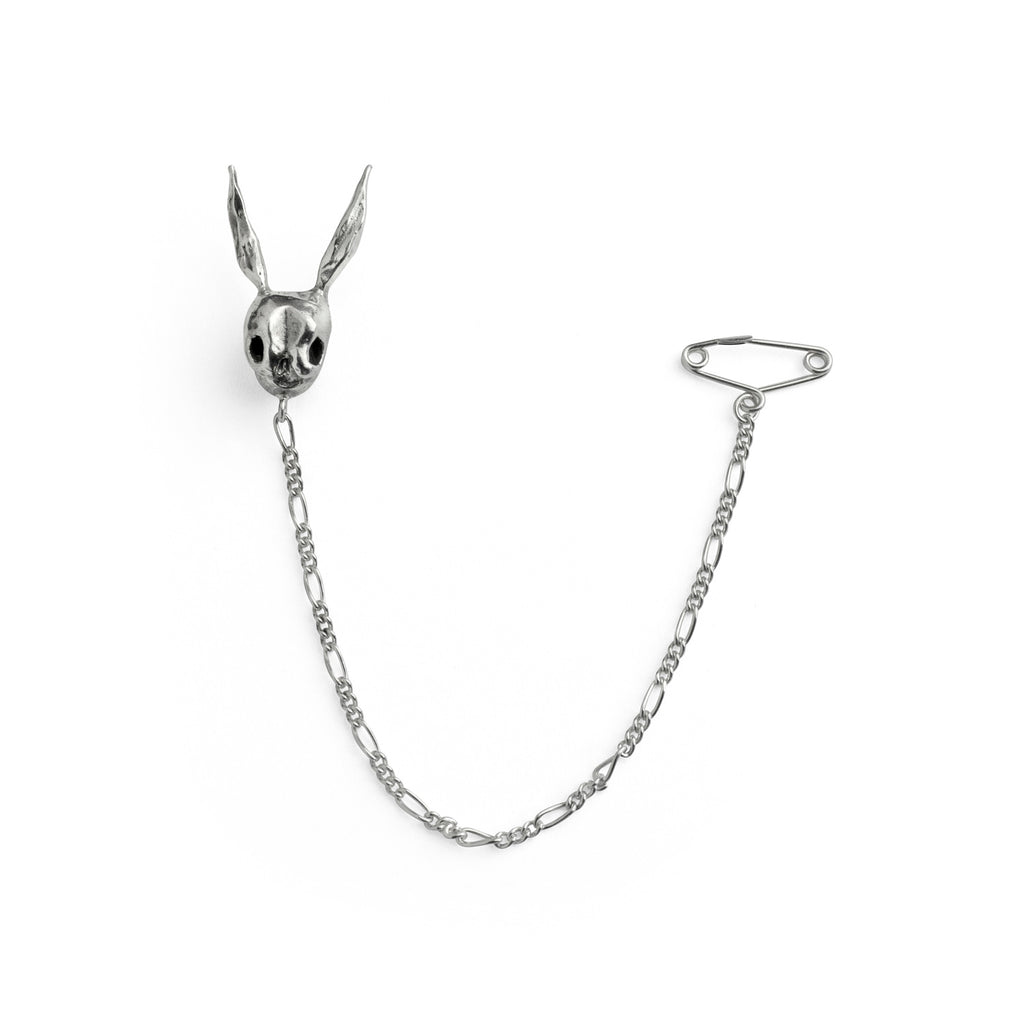 Silver Skull Rabbit pin and safety chain