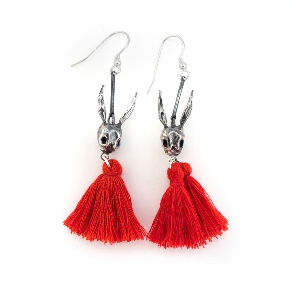 Skull Rabbit Tassel Silver Earrings
